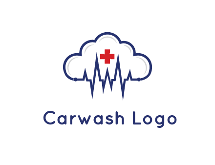 line art cloud with heart beat line and first aid sign