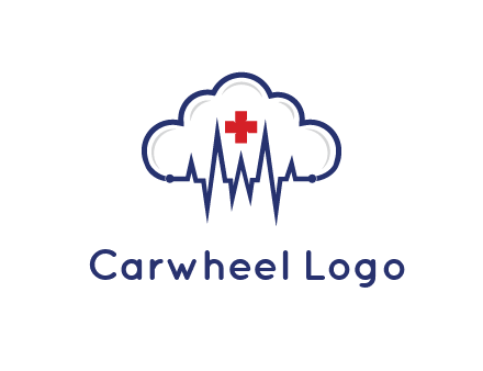 line art cloud with heart beat line and first aid sign