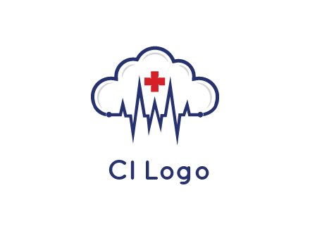 line art cloud with heart beat line and first aid sign