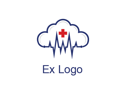 line art cloud with heart beat line and first aid sign