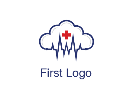 line art cloud with heart beat line and first aid sign