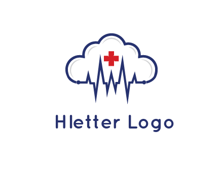 line art cloud with heart beat line and first aid sign