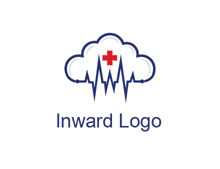 line art cloud with heart beat line and first aid sign