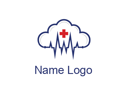 line art cloud with heart beat line and first aid sign