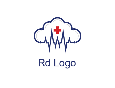line art cloud with heart beat line and first aid sign