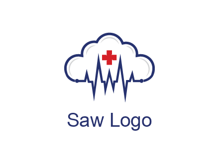 line art cloud with heart beat line and first aid sign