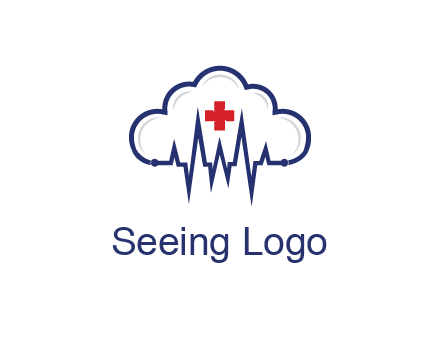line art cloud with heart beat line and first aid sign