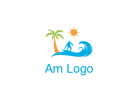 surfer surfing on wave with palm tree and sun