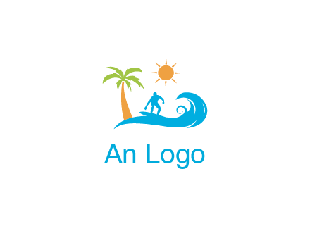 surfer surfing on wave with palm tree and sun