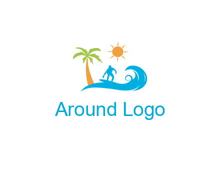 surfer surfing on wave with palm tree and sun