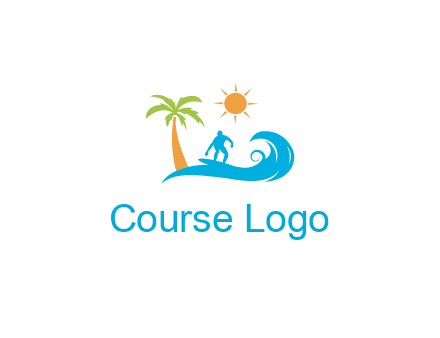 surfer surfing on wave with palm tree and sun