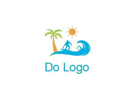 surfer surfing on wave with palm tree and sun