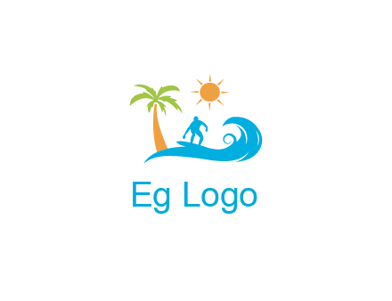 surfer surfing on wave with palm tree and sun