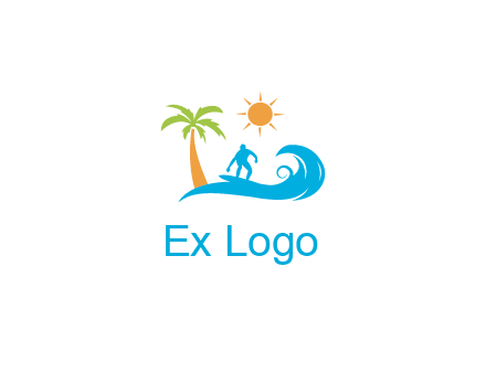 surfer surfing on wave with palm tree and sun