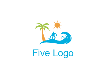 surfer surfing on wave with palm tree and sun