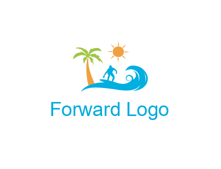 surfer surfing on wave with palm tree and sun