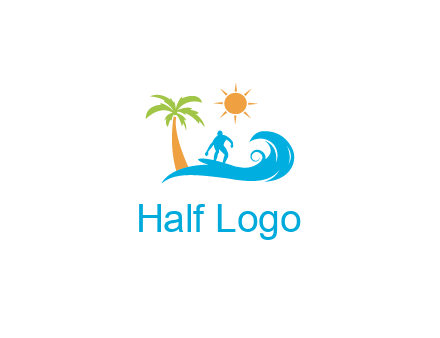 surfer surfing on wave with palm tree and sun