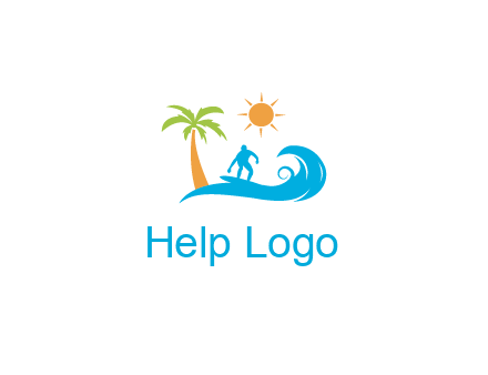 surfer surfing on wave with palm tree and sun