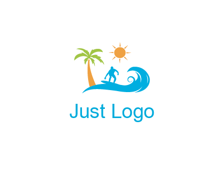 surfer surfing on wave with palm tree and sun