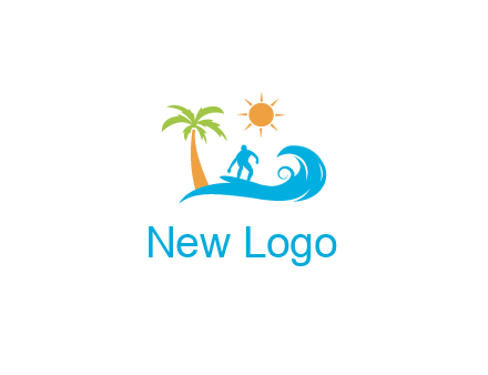 surfer surfing on wave with palm tree and sun