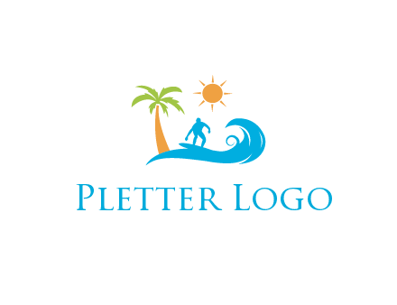 surfer surfing on wave with palm tree and sun