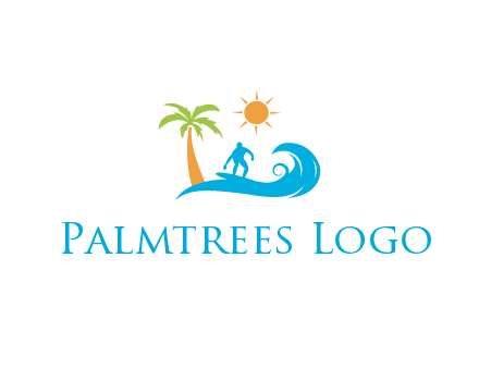surfer surfing on wave with palm tree and sun
