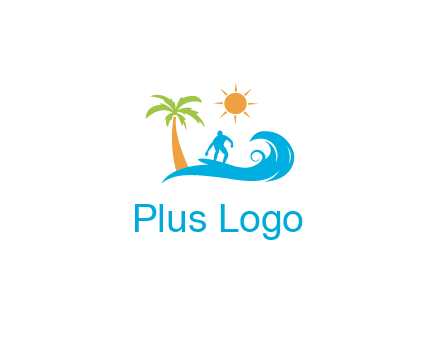 surfer surfing on wave with palm tree and sun