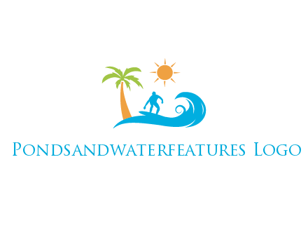 surfer surfing on wave with palm tree and sun
