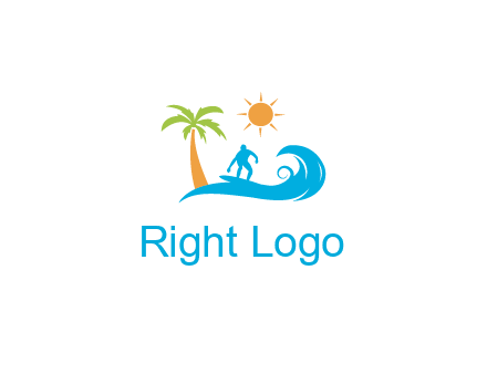 surfer surfing on wave with palm tree and sun