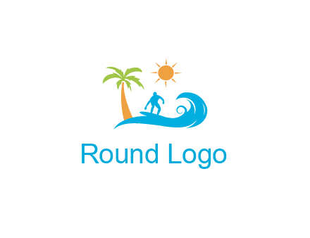 surfer surfing on wave with palm tree and sun