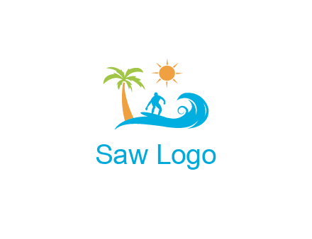 surfer surfing on wave with palm tree and sun