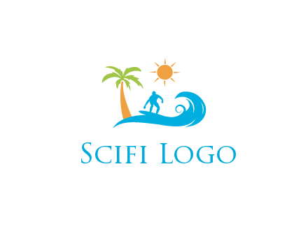 surfer surfing on wave with palm tree and sun