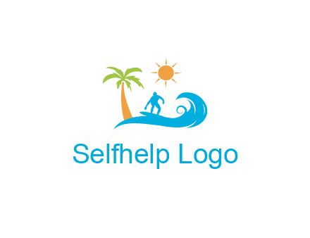 surfer surfing on wave with palm tree and sun