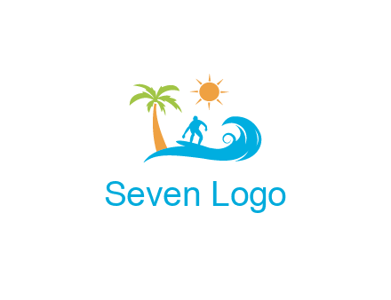 surfer surfing on wave with palm tree and sun