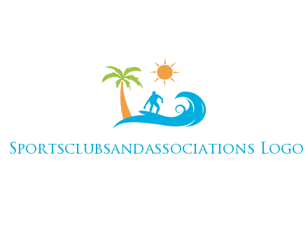 surfer surfing on wave with palm tree and sun