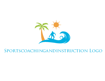 surfer surfing on wave with palm tree and sun
