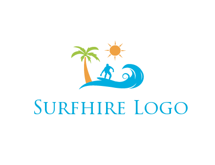 surfer surfing on wave with palm tree and sun
