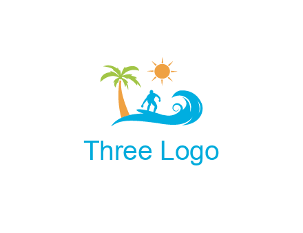 surfer surfing on wave with palm tree and sun