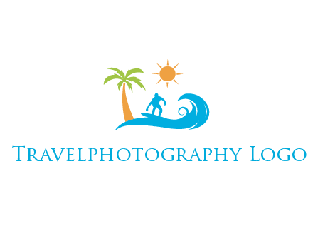 surfer surfing on wave with palm tree and sun