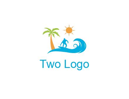 surfer surfing on wave with palm tree and sun