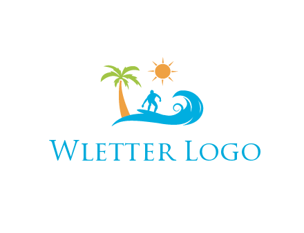surfer surfing on wave with palm tree and sun