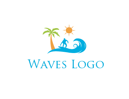 surfer surfing on wave with palm tree and sun