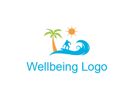 surfer surfing on wave with palm tree and sun