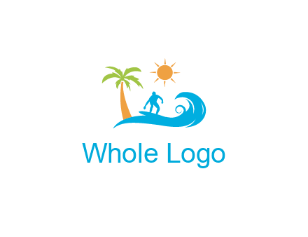 surfer surfing on wave with palm tree and sun