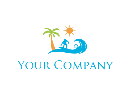 surfer surfing on wave with palm tree and sun