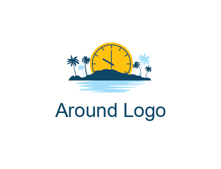 sun with clock behind mountains with palm trees