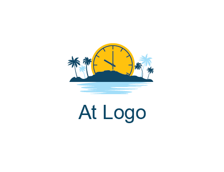 sun with clock behind mountains with palm trees