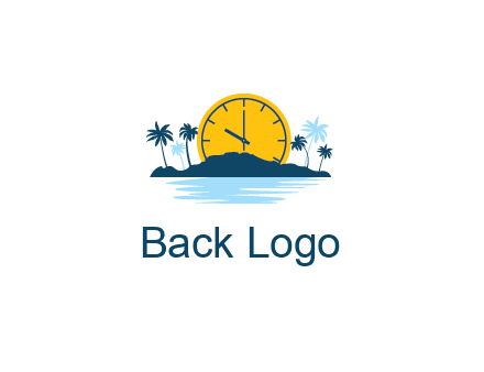 sun with clock behind mountains with palm trees