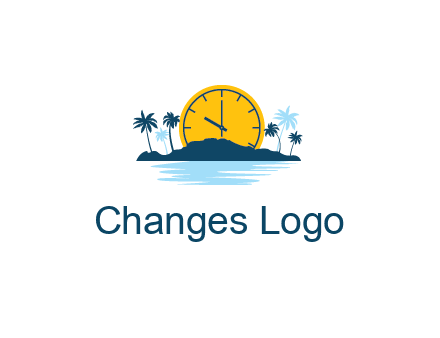 sun with clock behind mountains with palm trees