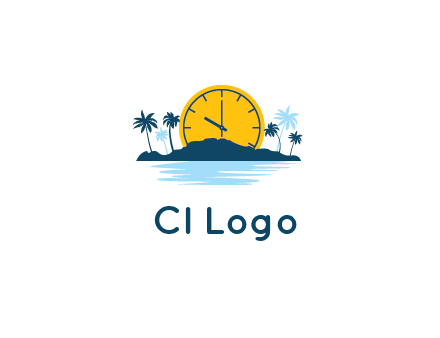 sun with clock behind mountains with palm trees